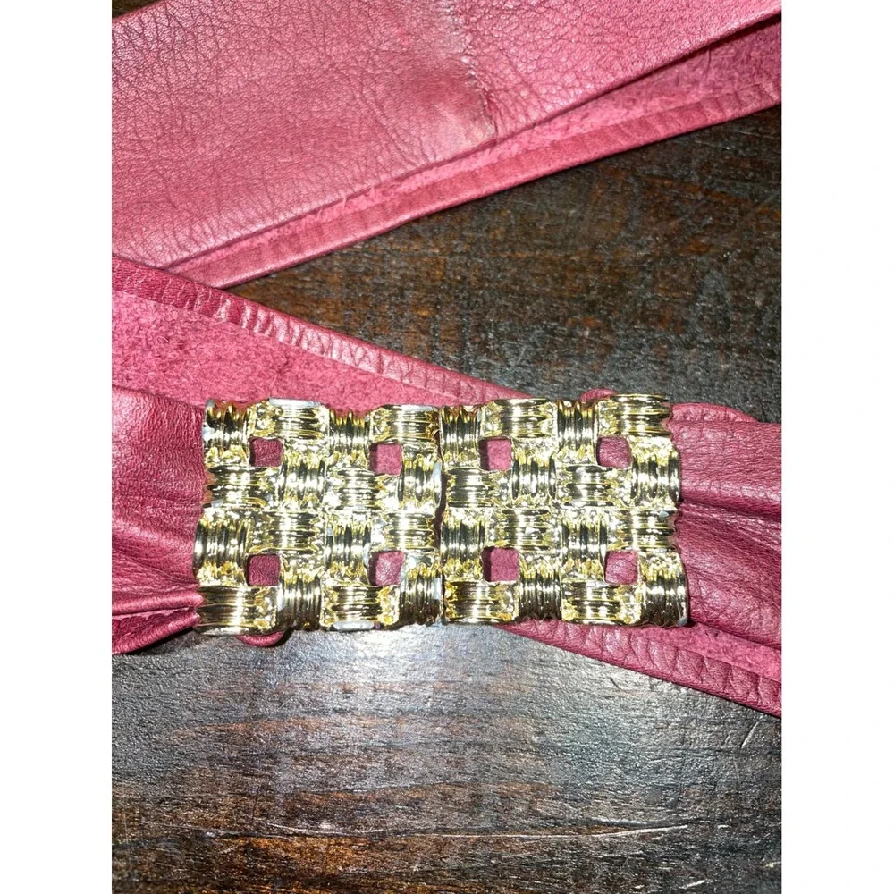 Vintage Ceinture Burgundy Leather Belt Gold Tone Woven‎ Buckle Fashion 80'